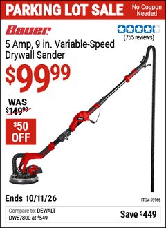 Harbor Freight Coupon BAUER 5 AMP, 9 IN. VARIABLE-SPEED DRYWALL SANDER Lot No. 59166 Expired: 10/11/26 - $99.99