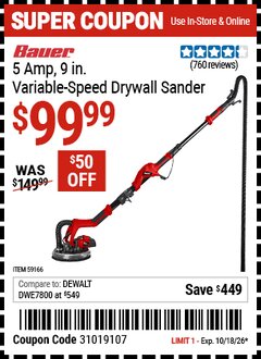 Harbor Freight Coupon BAUER 5 AMP, 9 IN. VARIABLE-SPEED DRYWALL SANDER Lot No. 59166 Expired: 10/18/26 - $99.99