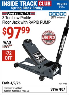 Harbor Freight ITC Coupon PITTSBURGH 3 TON LOW-PROFILE FLOOR JACK WITH RAPID PUMP, SLATE GRAY Lot No. 70482 Expired: 4/9/26 - $97.99