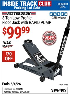 Harbor Freight ITC Coupon PITTSBURGH 3 TON LOW-PROFILE FLOOR JACK WITH RAPID PUMP, SLATE GRAY Lot No. 70482 Expired: 6/4/26 - $99.99