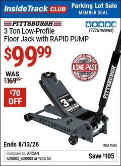 Harbor Freight ITC Coupon PITTSBURGH 3 TON LOW-PROFILE FLOOR JACK WITH RAPID PUMP, SLATE GRAY Lot No. 70482 Expired: 8/13/26 - $99.99