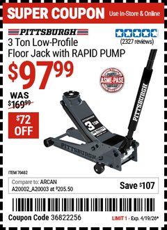 Harbor Freight Coupon PITTSBURGH 3 TON LOW-PROFILE FLOOR JACK WITH RAPID PUMP, SLATE GRAY Lot No. 70482 Valid Thru: 4/19/26 - $97.99