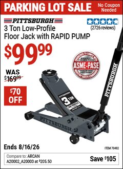 Harbor Freight Coupon PITTSBURGH 3 TON LOW-PROFILE FLOOR JACK WITH RAPID PUMP, SLATE GRAY Lot No. 70482 Expired: 8/16/26 - $99.99