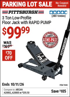 Harbor Freight Coupon PITTSBURGH 3 TON LOW-PROFILE FLOOR JACK WITH RAPID PUMP, SLATE GRAY Lot No. 70482 Valid Thru: 10/11/26 - $99.99