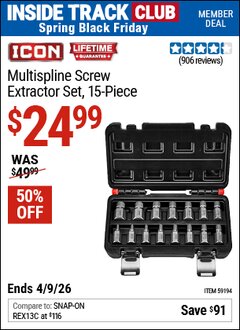 Harbor Freight ITC Coupon ICON MULTISPLINE SCREW EXTRACTOR SET, 15-PIECE Lot No. 59194 Expired: 4/9/26 - $24.99