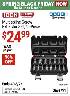 Harbor Freight Coupon ICON MULTISPLINE SCREW EXTRACTOR SET, 15-PIECE Lot No. 59194 Expired: 4/12/26 - $24.99