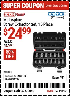 Harbor Freight Coupon ICON MULTISPLINE SCREW EXTRACTOR SET, 15-PIECE Lot No. 59194 Expired: 4/19/26 - $24.99