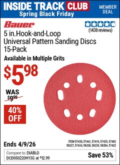 Harbor Freight ITC Coupon BAUER 5 IN. HOOK-AND-LOOP UNIVERSAL PATTERN SANDING DISCS, 15-PACK Lot No. 57419/57420/57422/57424/57425/57461/57482/58227/58228/58229/58284 Expired: 4/9/26 - $5.98