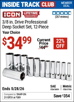 Harbor Freight ITC Coupon ICON 3/8 IN. DRIVE PROFESSIONAL DEEP SOCKET SET, 12-PIECE Lot No. 58099/57956 Valid Thru: 5/28/26 - $34.99