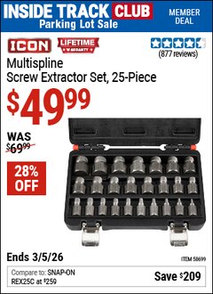 Harbor Freight ITC Coupon ICON MULTISPLINE SCREW EXTRACTOR SET, 25-PIECE Lot No. 58699 Expired: 3/5/26 - $49.99