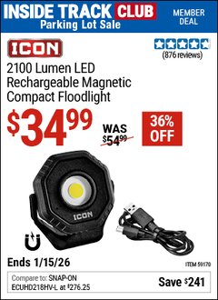 Harbor Freight ITC Coupon ICON 2100 LUMEN LED RECHARGEABLE MAGNETIC COMPACT FLOODLIGHT, BLACK Lot No. 59170 Dates Valid: 12/31/69 - 1/15/26 - $34.99