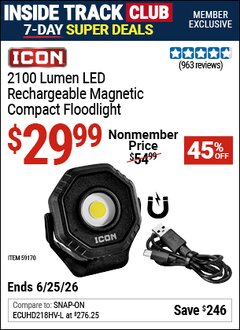 Harbor Freight ITC Coupon ICON 2100 LUMEN LED RECHARGEABLE MAGNETIC COMPACT FLOODLIGHT, BLACK Lot No. 59170 Expired: 6/25/26 - $29.99