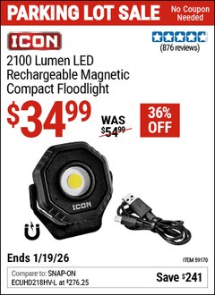 Harbor Freight Coupon ICON 2100 LUMEN LED RECHARGEABLE MAGNETIC COMPACT FLOODLIGHT, BLACK Lot No. 59170 Expired: 12/31/69 - $34.99