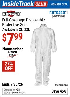 Harbor Freight ITC Coupon RANGER FULL-COVERAGE DISPOSABLE PROTECTIVE SUIT Lot No. 59264/59265 Dates Valid: 12/31/69 - 7/30/26 - $7.99