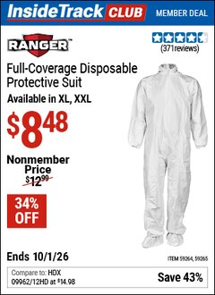 Harbor Freight Coupon RANGER FULL-COVERAGE DISPOSABLE PROTECTIVE SUIT Lot No. 59264/59265 Valid: 12/31/69 - 10/1/26 - $8.48
