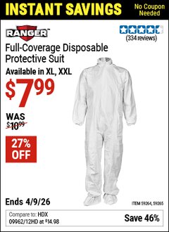 Harbor Freight Coupon RANGER FULL-COVERAGE DISPOSABLE PROTECTIVE SUIT Lot No. 59264/59265 Expired: 4/9/26 - $7.99