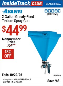 Harbor Freight ITC Coupon AVANTI 2 GALLON GRAVITY-FEED TEXTURE SPRAY GUN Lot No. 58614 Dates Valid: 12/31/69 - 10/29/26 - $44.99