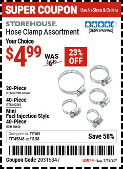 Harbor Freight Coupon STOREHOUSE HOSE CLAMP ASSORTMENT Lot No. 58150/62363/63280 Valid Thru: 1/19/26 - $4.99
