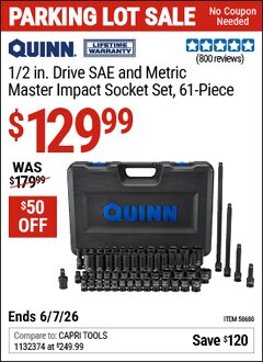 Harbor Freight Coupon QUINN 1/2 IN. DRIVE SAE AND METRIC MASTER IMPACT SOCKET SET, 61-PIECE Lot No. 58680 Valid Thru: 6/7/26 - $129.99