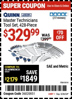 Harbor Freight Coupon MASTER TECHNICIANS TOOL SET, 428-PIECE Lot No. 58154 Expired: 5/26/24 - $329.99