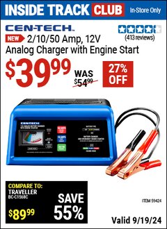 Harbor Freight ITC Coupon CEN-TECH 2/10/50 AMP, 12V ANALOG CHARGER WITH ENGINE START Lot No. 59424 Expired: 9/19/24 - $39.99