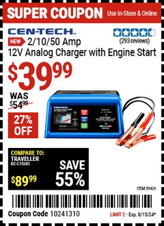 Harbor Freight Coupon CEN-TECH 2/10/50 AMP, 12V ANALOG CHARGER WITH ENGINE START Lot No. 59424 Expired: 8/15/24 - $39.99