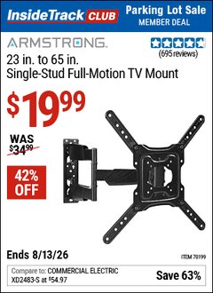 Harbor Freight ITC Coupon ARMSTRONG 23 IN. TO 65 IN. SINGLE-STUD FULL-MOTION TV MOUNT Lot No. 70199 Expired: 8/13/26 - $19.99