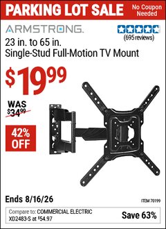 Harbor Freight Coupon ARMSTRONG 23 IN. TO 65 IN. SINGLE-STUD FULL-MOTION TV MOUNT Lot No. 70199 Expired: 8/16/26 - $19.99