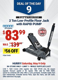 Harbor Freight Coupon PITTSBURGH 2 TON LOW PROFILE FLOOR JACK WITH RAPID PUMP Lot No. 70485 Expired: 5/9/26 - $83.99