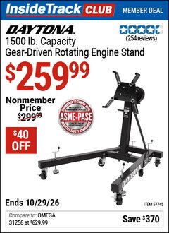 Harbor Freight ITC Coupon DAYTONA 1500 LB. CAPACITY GEAR-DRIVEN ROTATING ENGINE STAND Lot No. 57745 Dates Valid: 12/31/69 - 10/29/26 - $259.99