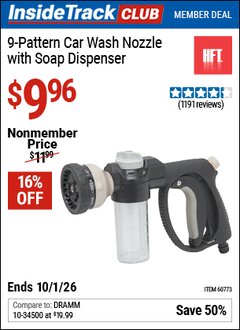 Harbor Freight Coupon HFT 9-PATTERN CAR WASH NOZZLE WITH SOAP DISPENSER Lot No. 60773 Valid: 12/31/69 - 10/1/26 - $9.96