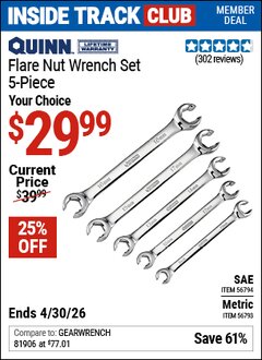 Harbor Freight ITC Coupon QUINN FLARE NUT WRENCH SET, 5-PIECE Lot No. 56793/56794 Dates Valid: 12/31/69 - 4/30/26 - $29.99