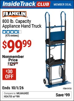 Harbor Freight Coupon FRANKLIN 800 LB. CAPACITY APPLIANCE HAND TRUCK Lot No. 59725 Valid: 12/31/69 - 10/1/26 - $99.99