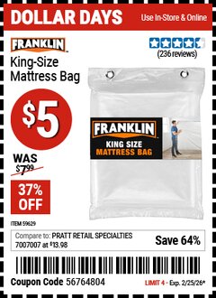 Harbor Freight Coupon FRANKLIN KING-SIZE MATTRESS BAG Lot No. 59629 Expired: 2/25/26 - $5