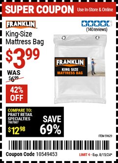 Harbor Freight Coupon FRANKLIN KING-SIZE MATTRESS BAG Lot No. 59629 Expired: 8/15/24 - $3.99