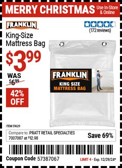 Harbor Freight Coupon FRANKLIN KING-SIZE MATTRESS BAG Lot No. 59629 Expired: 12/29/24 - $3.99
