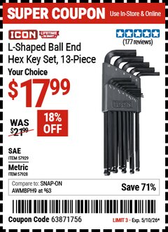 Harbor Freight Coupon ICON L-SHAPED BALL END HEX KEY SET, 13-PIECE Lot No. 57928/57929 Expired: 5/10/26 - $17.99