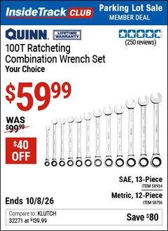 Harbor Freight ITC Coupon QUINN 100T METRIC RATCHETING COMBINATION WRENCH SET, 12-PIECE Lot No. 58756 Expired: 10/8/26 - $59.99