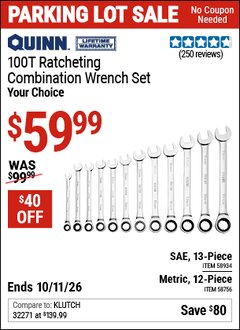 Harbor Freight Coupon QUINN 100T METRIC RATCHETING COMBINATION WRENCH SET, 12-PIECE Lot No. 58756 Expired: 10/11/26 - $59.99