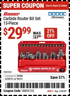 Harbor Freight Coupon BAUER CARBIDE ROUTER BIT SET, 15-PIECE Lot No. 59555 Expired: 1/25/26 - $29.99