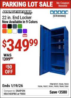 Harbor Freight Coupon U.S. GENERAL 22 IN. END LOCKER, SERIES 3, RED Lot No. 58727/70348/70349/70352/70356/70357/70359/70361/73361 Expired: 12/31/69 - $349.99