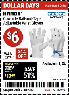 Harbor Freight Coupon HARDY COWHIDE BALL-AND-TAPE ADJUSTABLE WRIST GLOVES Lot No. 58988/59131 Expired: 12/25/24 - $0.06