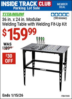Harbor Freight ITC Coupon TITANIUM 36 IN. X 24 IN. MODULAR WELDING TABLE WITH WELDING FIT-UP KIT Lot No. 59403 Dates Valid: 12/31/69 - 1/15/26 - $159.99