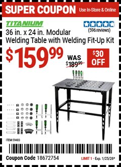 Harbor Freight Coupon TITANIUM 36 IN. X 24 IN. MODULAR WELDING TABLE WITH WELDING FIT-UP KIT Lot No. 59403 Expired: 1/25/26 - $159.99