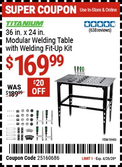Harbor Freight Coupon TITANIUM 36 IN. X 24 IN. MODULAR WELDING TABLE WITH WELDING FIT-UP KIT Lot No. 59403 Valid Thru: 4/26/26 - $169.99