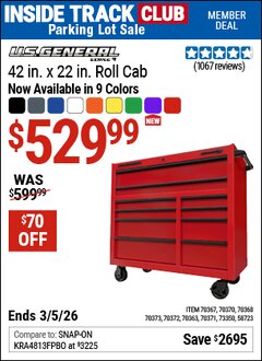 Harbor Freight Coupon U.S. GENERAL 42 IN. X 22 IN. ROLL CAB, SERIES 3 Lot No. 58723/70363/70367/70368/70370/70371/70372/70373 Valid: 12/31/69 - 3/5/26 - $529.99