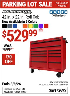 Harbor Freight Coupon U.S. GENERAL 42 IN. X 22 IN. ROLL CAB, SERIES 3 Lot No. 58723/70363/70367/70368/70370/70371/70372/70373/73350 Expired: 3/8/26 - $529.99