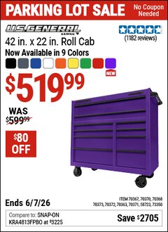 Harbor Freight Coupon U.S. GENERAL 42 IN. X 22 IN. ROLL CAB, SERIES 3 Lot No. 58723/70363/70367/70368/70370/70371/70372/70373/73350 Valid Thru: 6/7/26 - $519.99