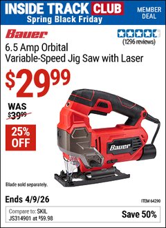 Harbor Freight ITC Coupon BAUER 6.5 AMP ORBITAL VARIABLE-SPEED JIG SAW WITH LASER Lot No. 64290 Expired: 4/9/26 - $29.99