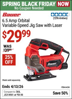Harbor Freight Coupon BAUER 6.5 AMP ORBITAL VARIABLE-SPEED JIG SAW WITH LASER Lot No. 64290 Expired: 4/12/26 - $29.99